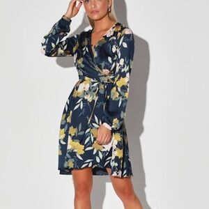 Lulus Love Is Life Navy Blue Floral Print Satin Wrap Dress - Size M